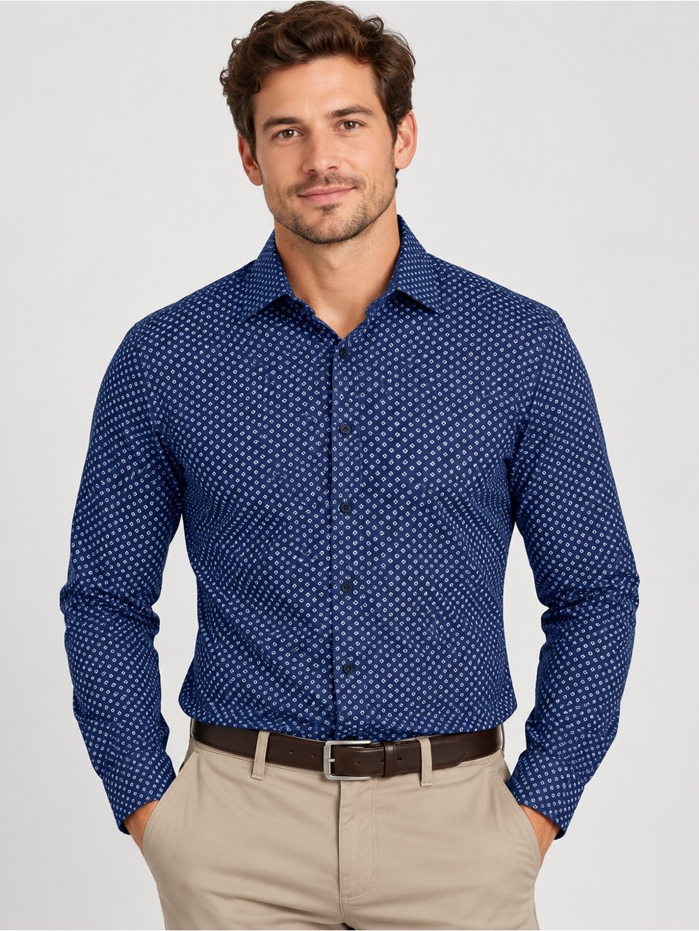 Express Men’s Fitted Navy Geometric Print Button Down Shirt Medium 15-15.5